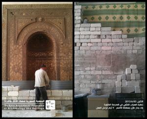 Bricking up the 13th century prayer niche of the Halawiye Madrasa, Aleppo