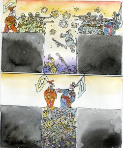 Ali Ferzat cartoon from 2009 re leaders staying in safe places while fighters die