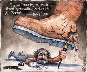 Cartoon of Ali Ferzat fighting with his pen against oppression, by Matt Wuerker