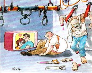 Ali Ferzat cartoon re torturer emotional re TV romance but not re victim