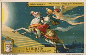 Islamic art German 1928 advert for meat extract (Bovril equivalent) showing Gabriel guiding Muhammad on flying horse to God
