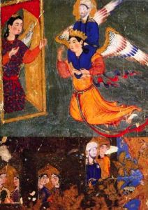 Muhammad carried by Gabriel arriving at gate of paradise guarded by angel Ridwan, 1360-70, Tabriz, Mi'rajnama, now in Topkapi Palace Library