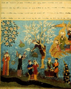 The Prophet Muhammad flies over houris harvesting flowers, Persian 15th c