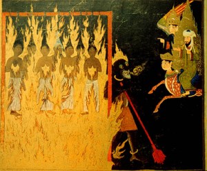 The Prophet Muhammad watching a demon punish shameless women in hell (with Buraq and Gabriel) who have shown hair to strangers, and are strung up and burnt for eternity, Persian 15th c