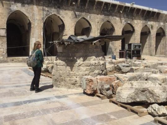 me examining the sun dial still under protection in the courtyard of the great aleppo mosque 18 april 2018 pamela