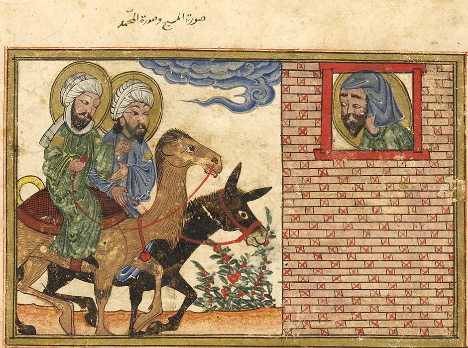 Islamic art image of Jesus on donkey and Muhammad on camel