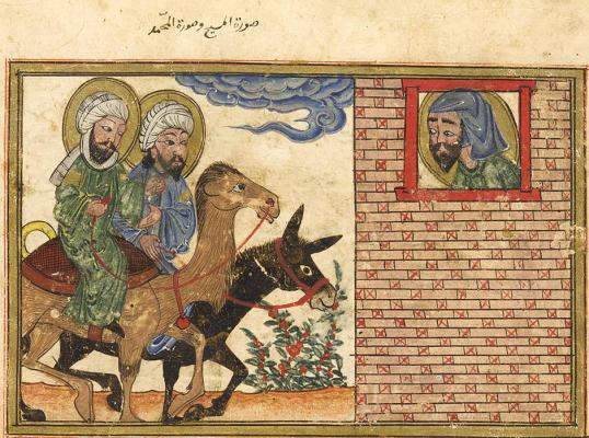 Islamic art image of Jesus on donkey and Muhammad on camel