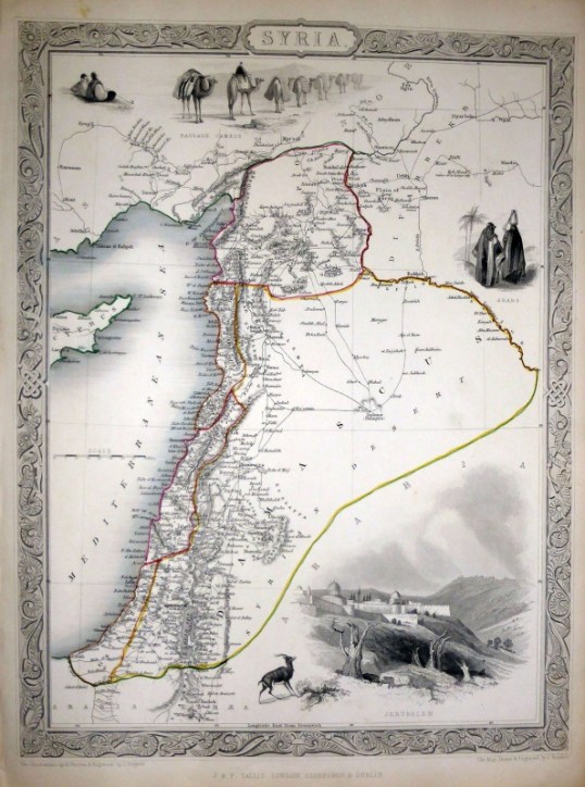 Syria engraving by John Tallis &amp; J.Rapkin, c1851, showing wilayats of Aleppo,Tripoli, Acre, Beirut, Gaza (Diana Darke own copy)